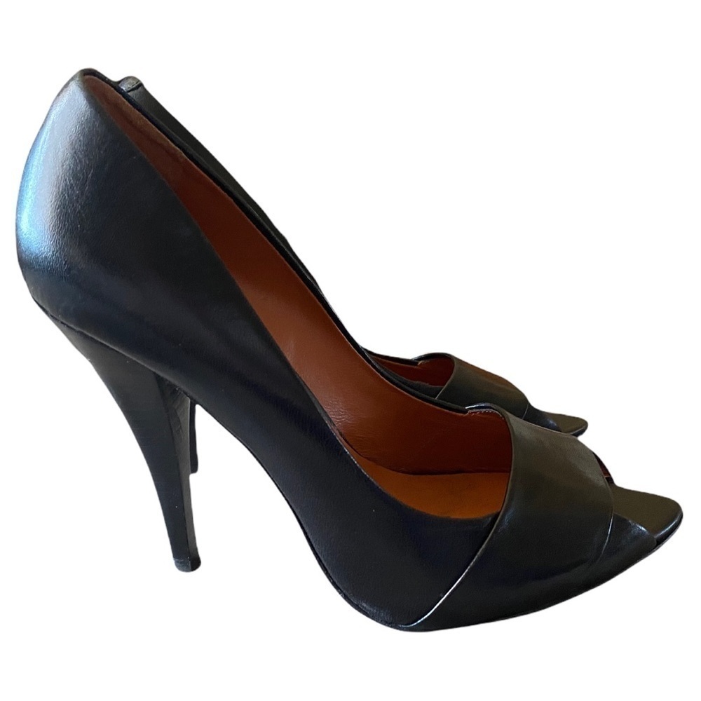 Rebecca Minkoff black leather peep toe wooden heel SZ 10